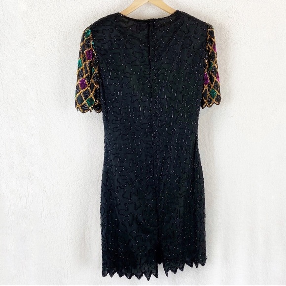 VINTAGE 100% Silk Beaded Sequin Midi Dress Small - Picture 2 of 8